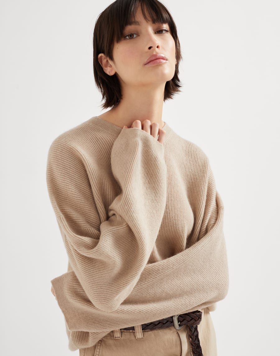 Джемпер, связанный английской резинкой Холодный Бежевый Женщина - Brunello Cucinelli