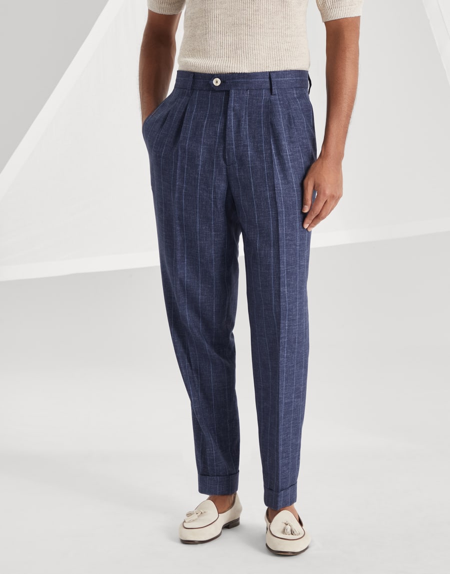 Chalk stripe trousers Navy Blue Man - Brunello Cucinelli