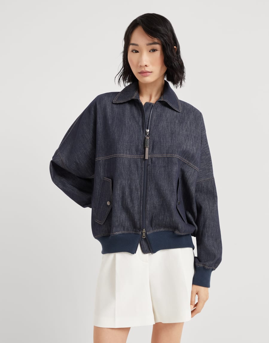 Bomber jacket with monili Dark Denim Woman - Brunello Cucinelli