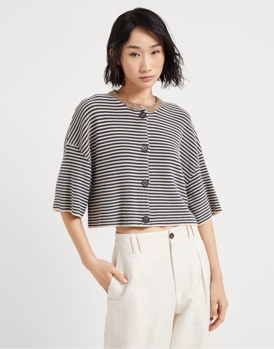 Cardigan with Dazzling Collar Blue Woman - Brunello Cucinelli