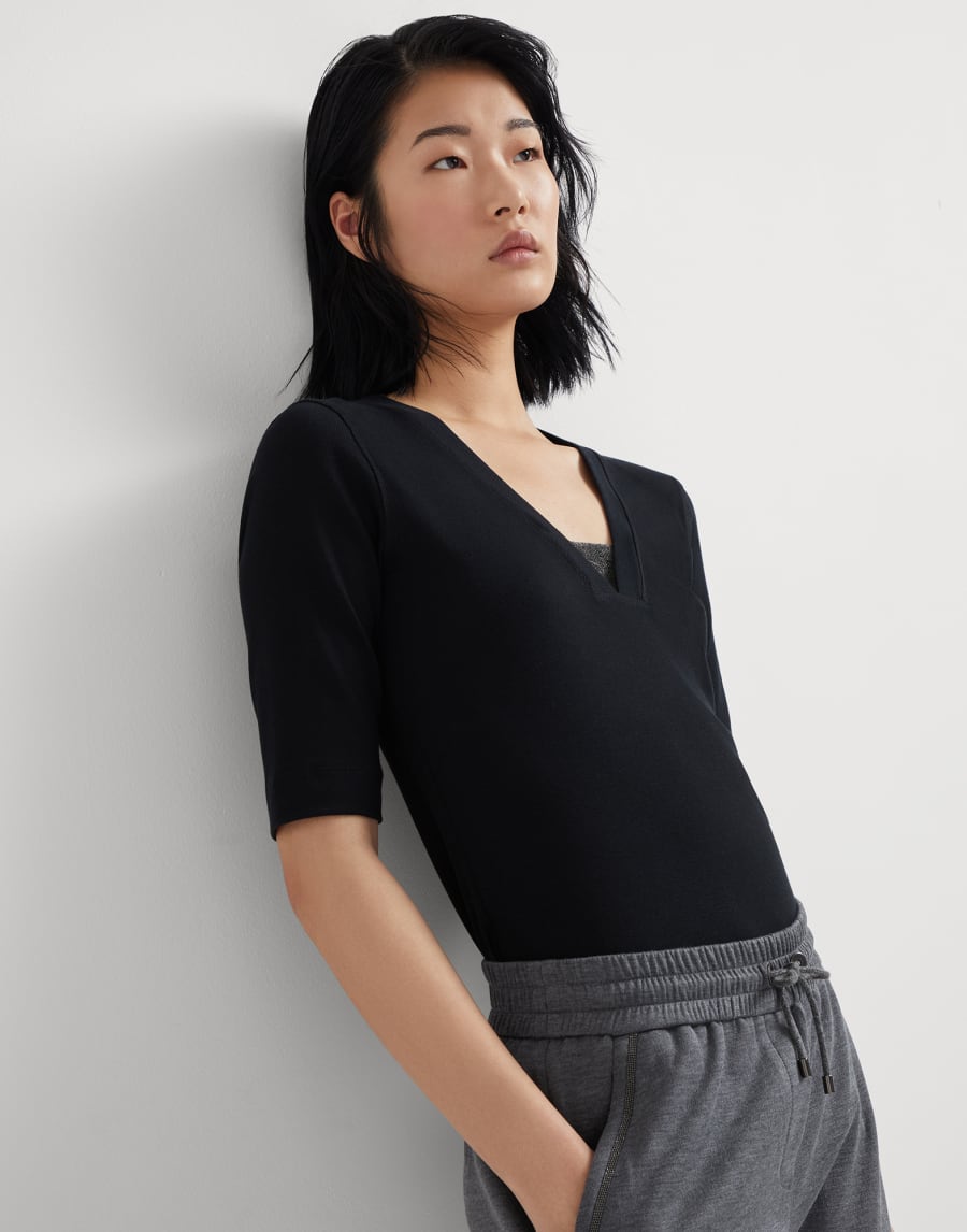 罗纹针织料T恤衫 黑色 女款 - Brunello Cucinelli