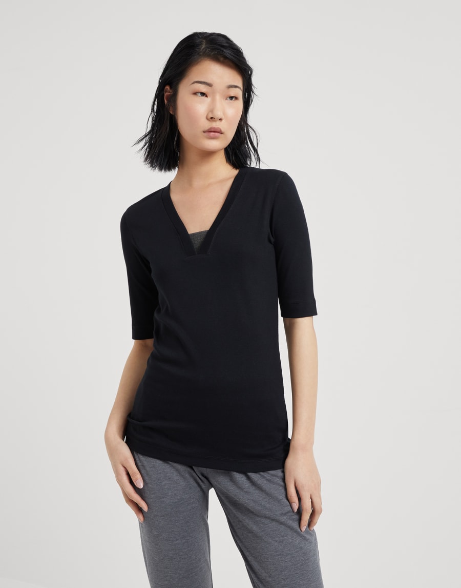 罗纹针织料T恤衫 黑色 女款 - Brunello Cucinelli