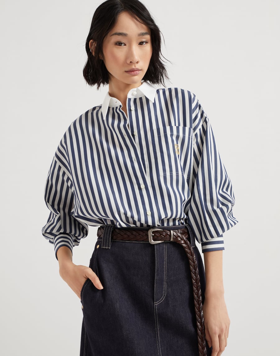 Рубашка из поплина с логотипом Синий Женщина - Brunello Cucinelli