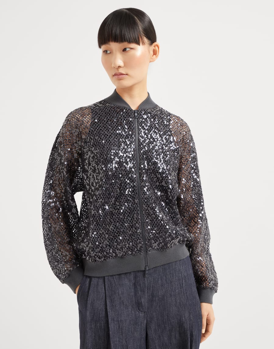 Dazzling Net Embroidery cardigan Dark Grey Woman - Brunello Cucinelli