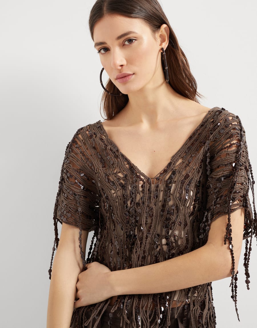 Топ с блестящей абстрактной вышивкой Шоколадный Женщина - Brunello Cucinelli