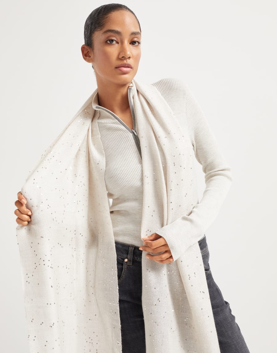 Cashmere and silk Diamond yarn scarf Oyster Woman - Brunello Cucinelli