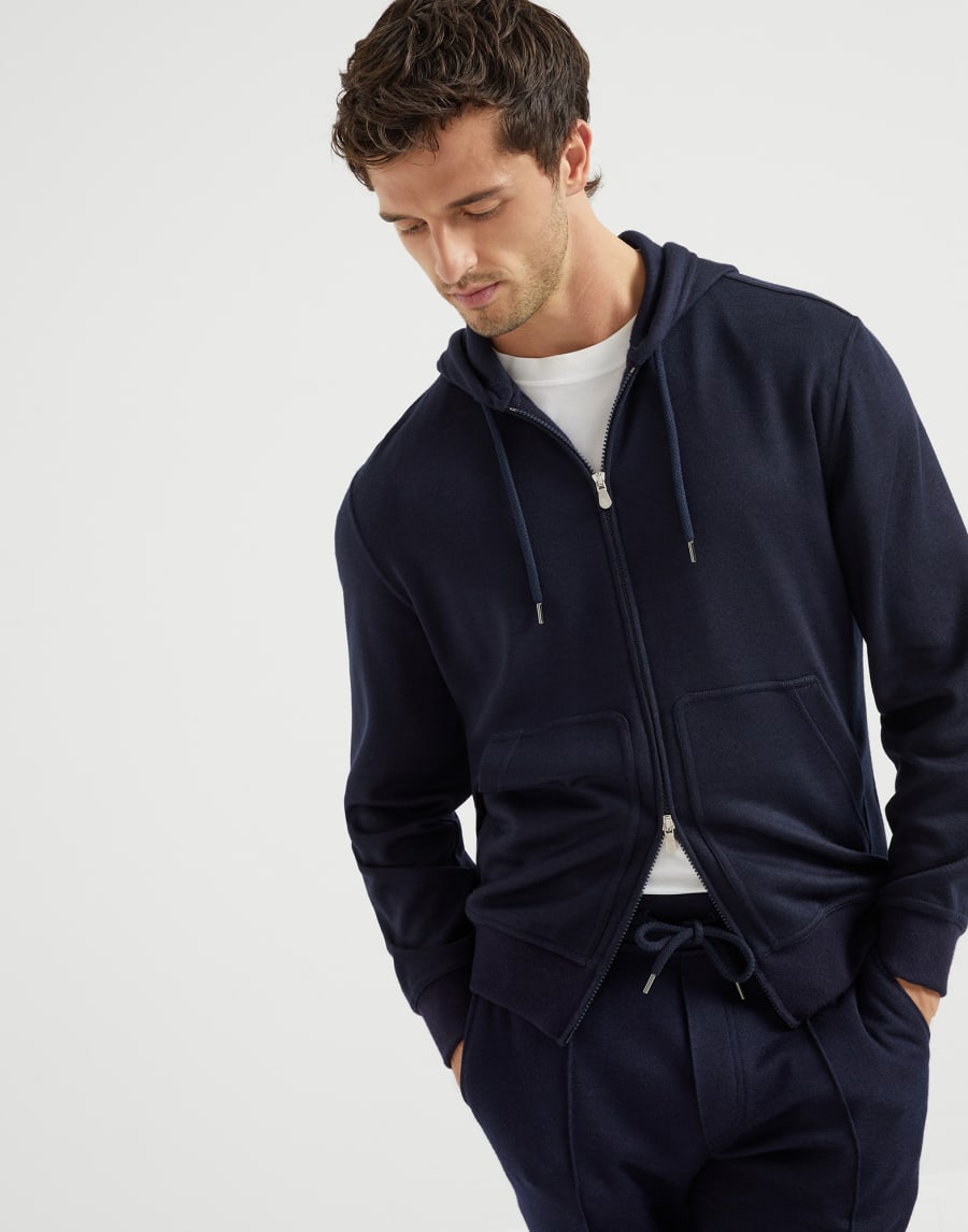 Cashmere and silk French terry sweatshirt Navy Blue Man - Brunello Cucinelli