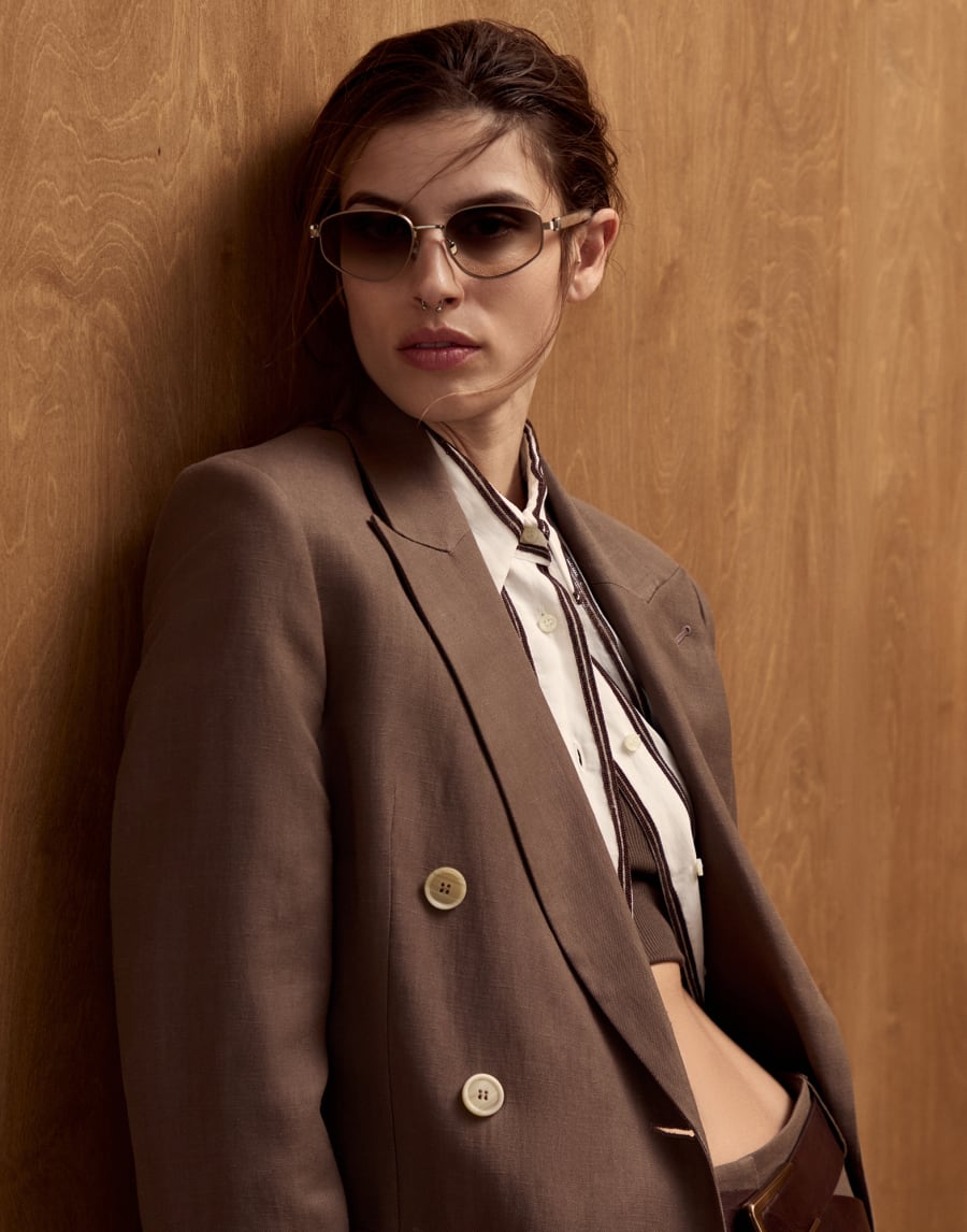 几何造型镜框钛材太阳眼镜 银色/羊绒米色 眼镜 - Brunello Cucinelli