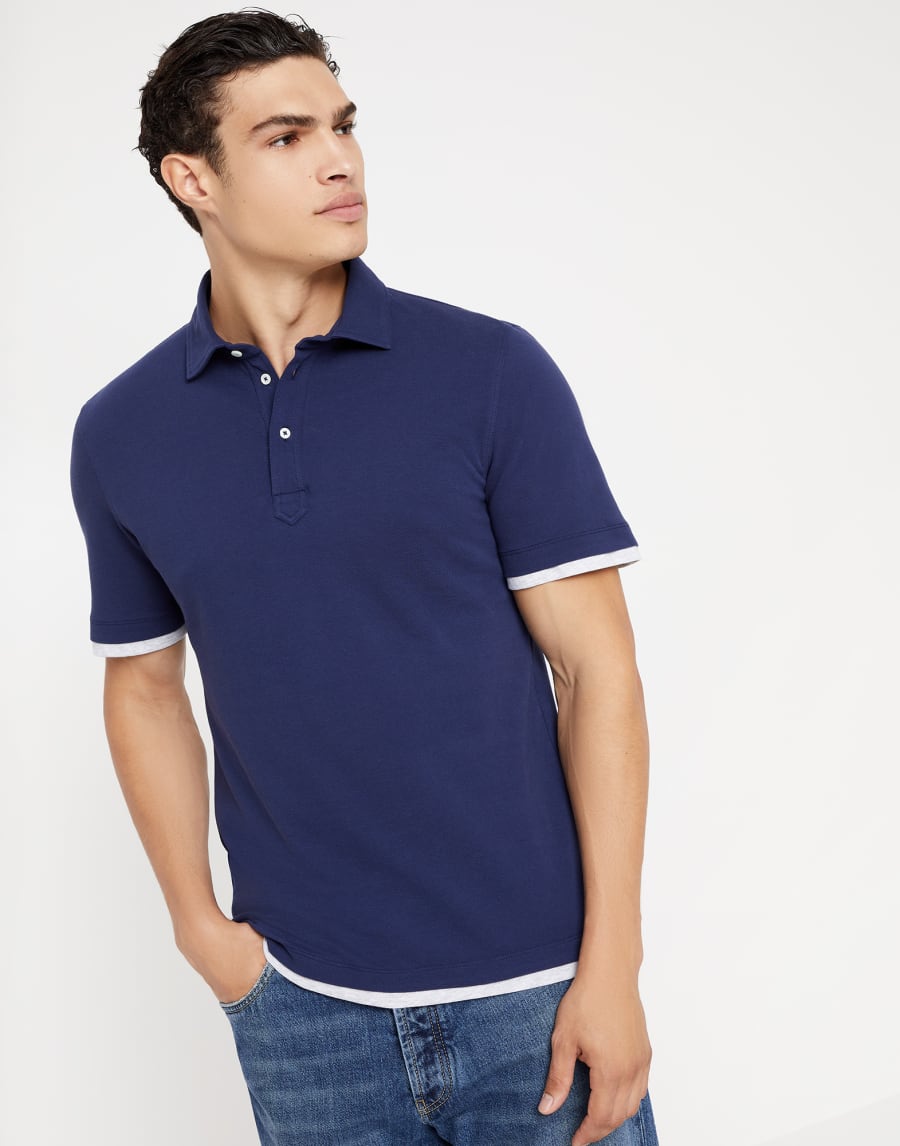 Polo with Faux-Layering Blue Man - Brunello Cucinelli
