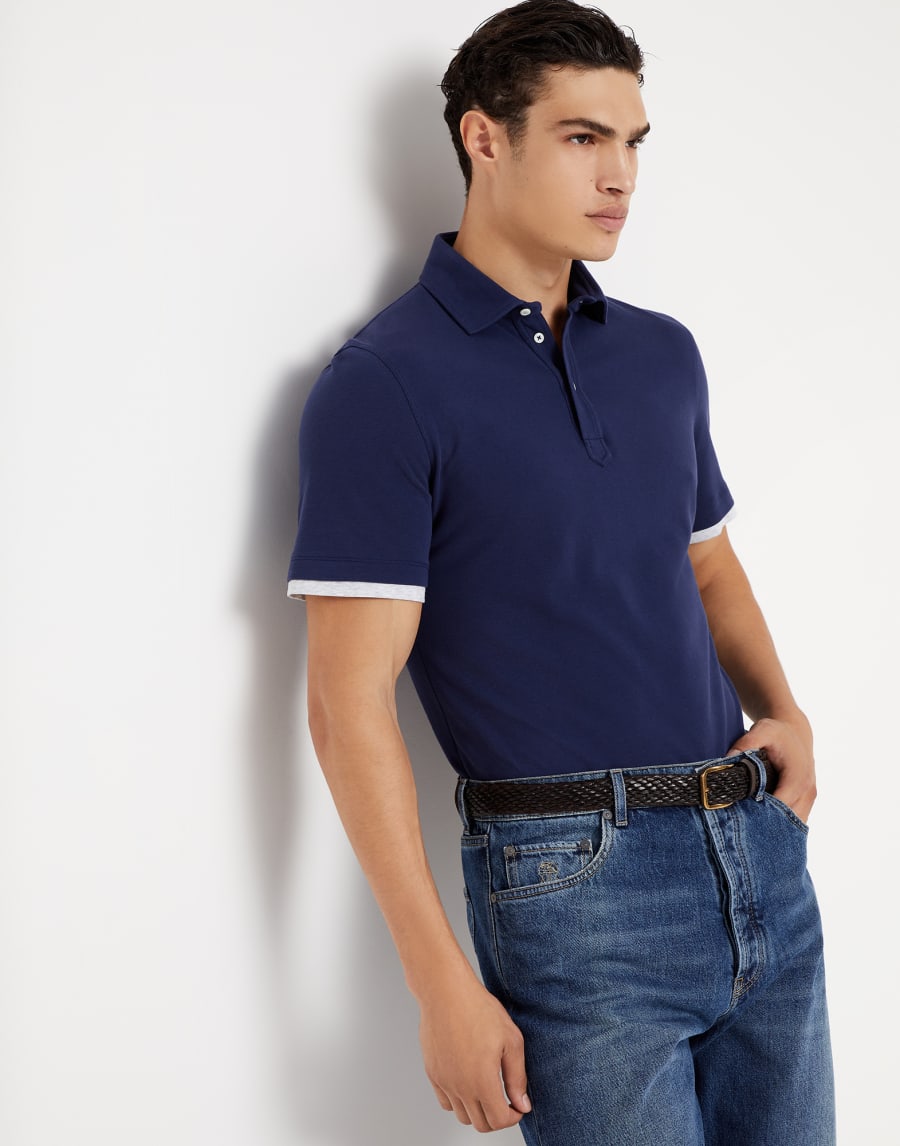Polo with Faux-Layering Blue Man - Brunello Cucinelli