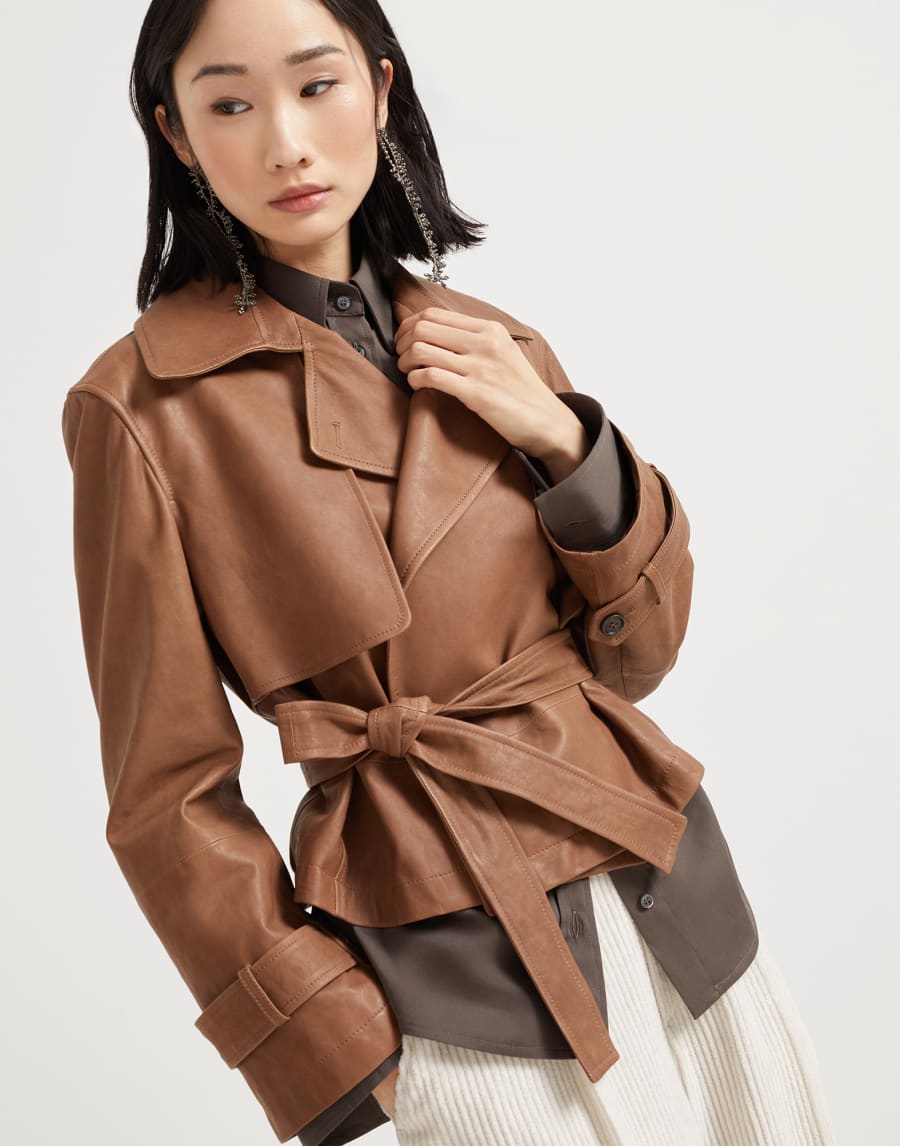复古纳帕皮短装风衣外套 鞣皮 女款 - Brunello Cucinelli