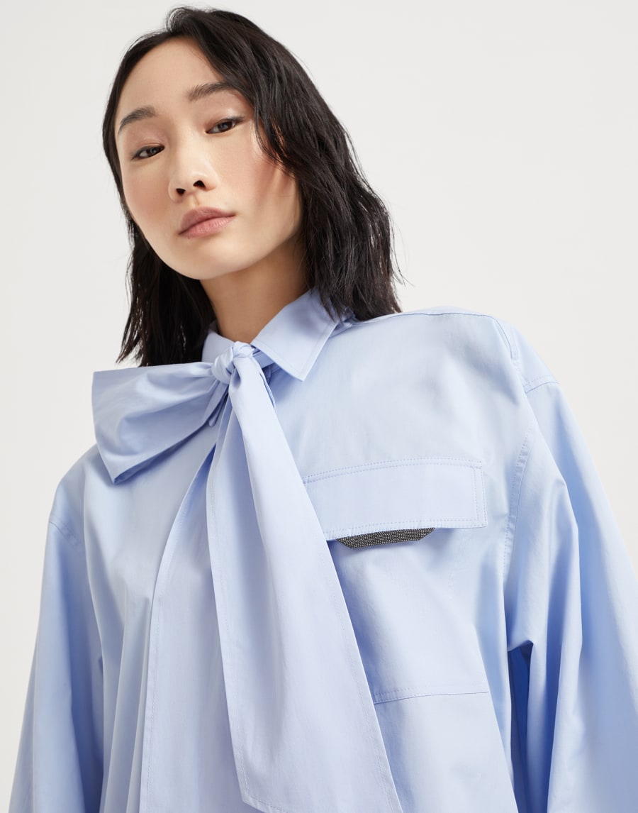 Poplin shirt with lavallière Sky Blue Woman - Brunello Cucinelli