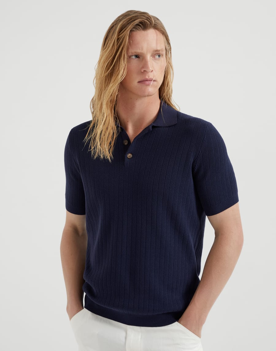 Wide rib polo Navy Blue Man - Brunello Cucinelli