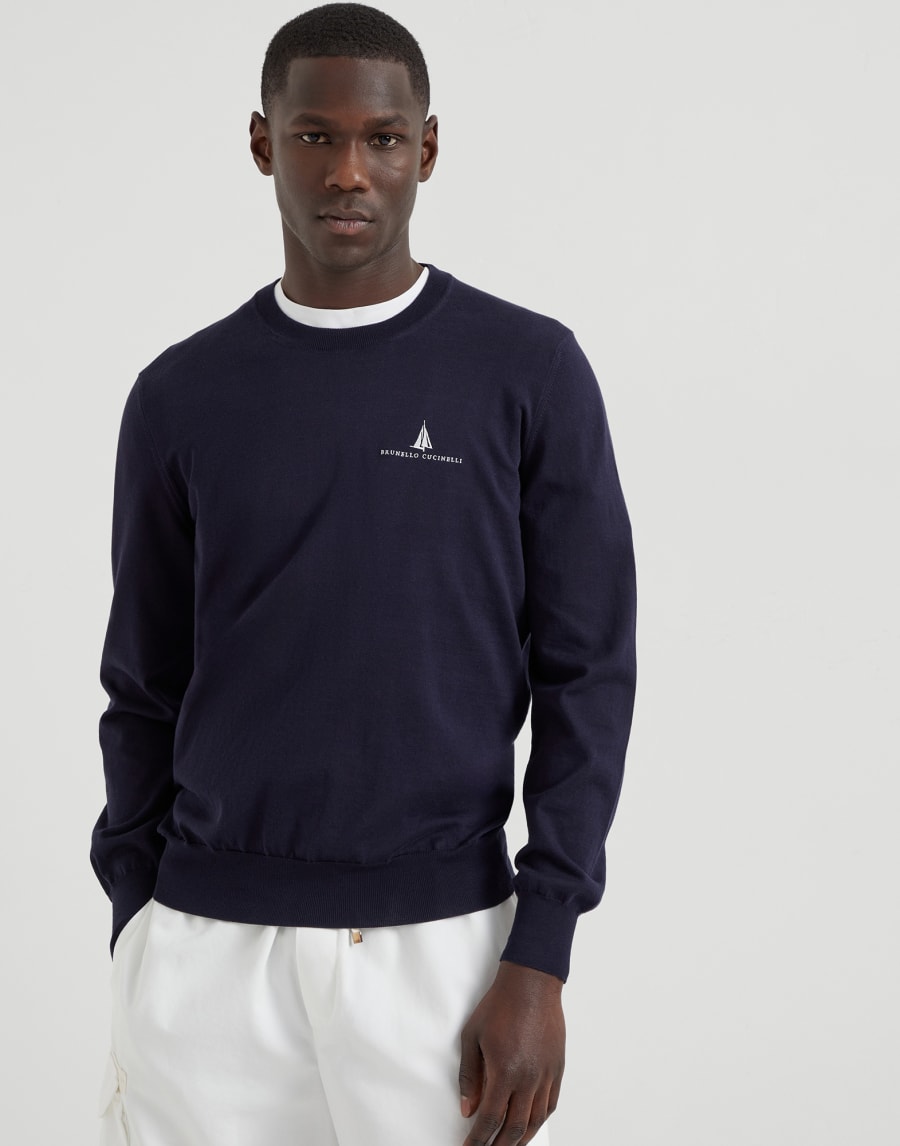 刺绣薄针织衫 海军蓝 男款 - Brunello Cucinelli