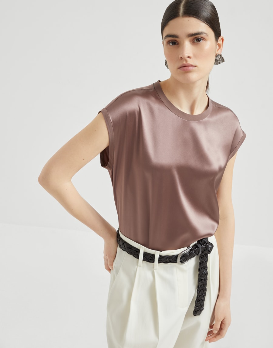 Satin T-shirt Chocolate Woman - Brunello Cucinelli