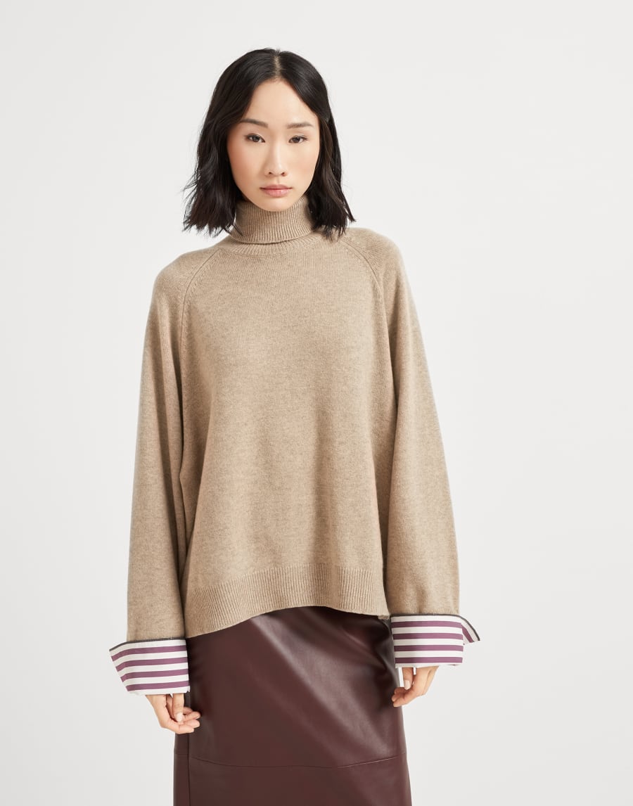 Pull à col montant orné de Monile Marron Clair Femme - Brunello Cucinelli