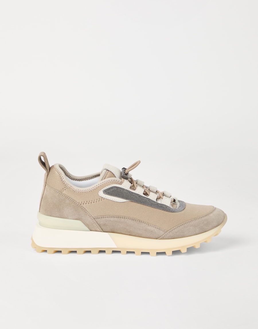 Chaussures running tissu technique et daim Beige Femme - Brunello Cucinelli
