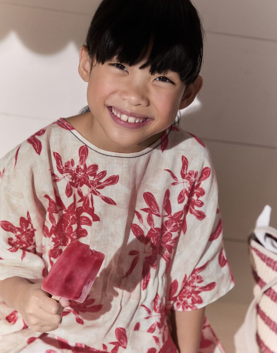 花卉印花亚麻斗篷衣 红色 女童 - Brunello Cucinelli