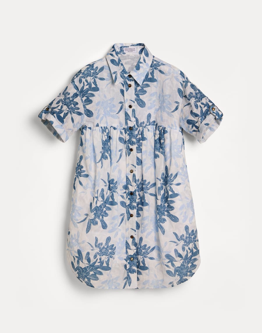 花卉印花亚麻衬衫连衣裙 天蓝 女童 - Brunello Cucinelli