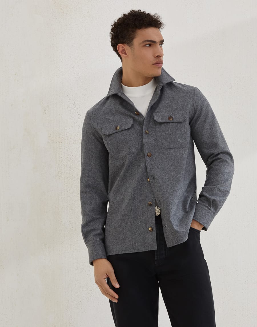 バージンウールフランネル オーバーシャツ ダークグレー メンズ - Brunello Cucinelli