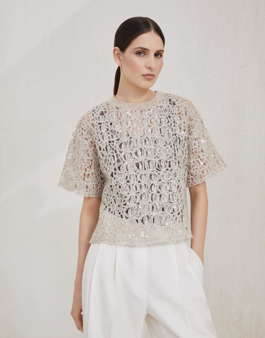 T-shirt Dazzling Croc Embroidery Beige Freddo Donna - Brunello Cucinelli