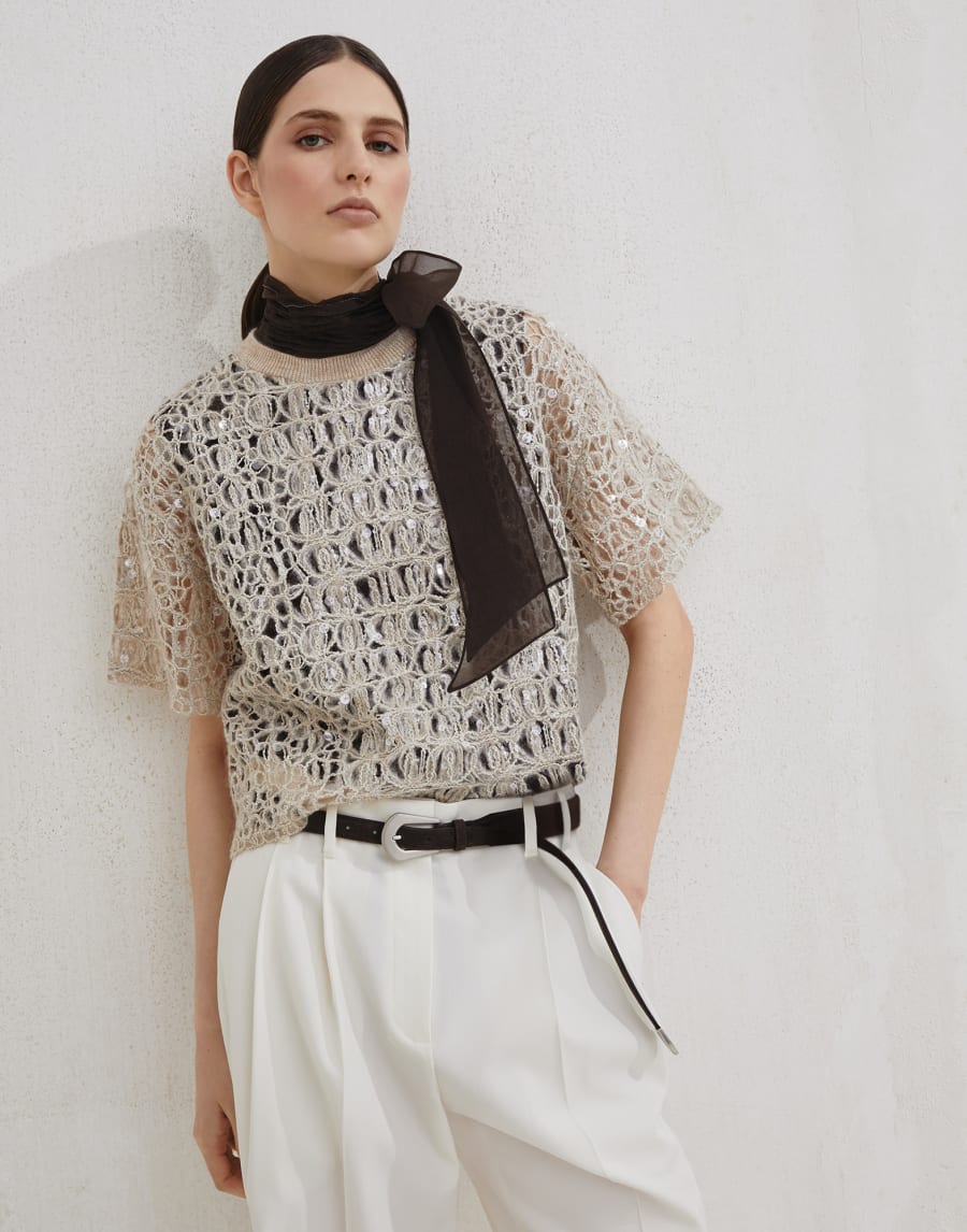 Dazzling croc embroidery T-shirt Cool Beige Woman - Brunello Cucinelli