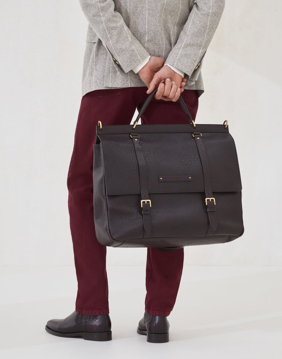 Textured grain leather briefcase Brown Man - Brunello Cucinelli