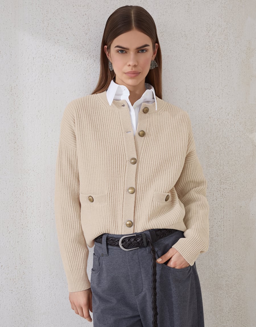 English rib knit cardigan Beige Woman - Brunello Cucinelli