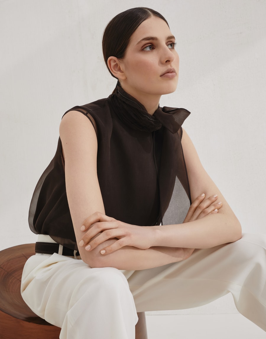 Pussybow top with monili Cocoa Woman - Brunello Cucinelli
