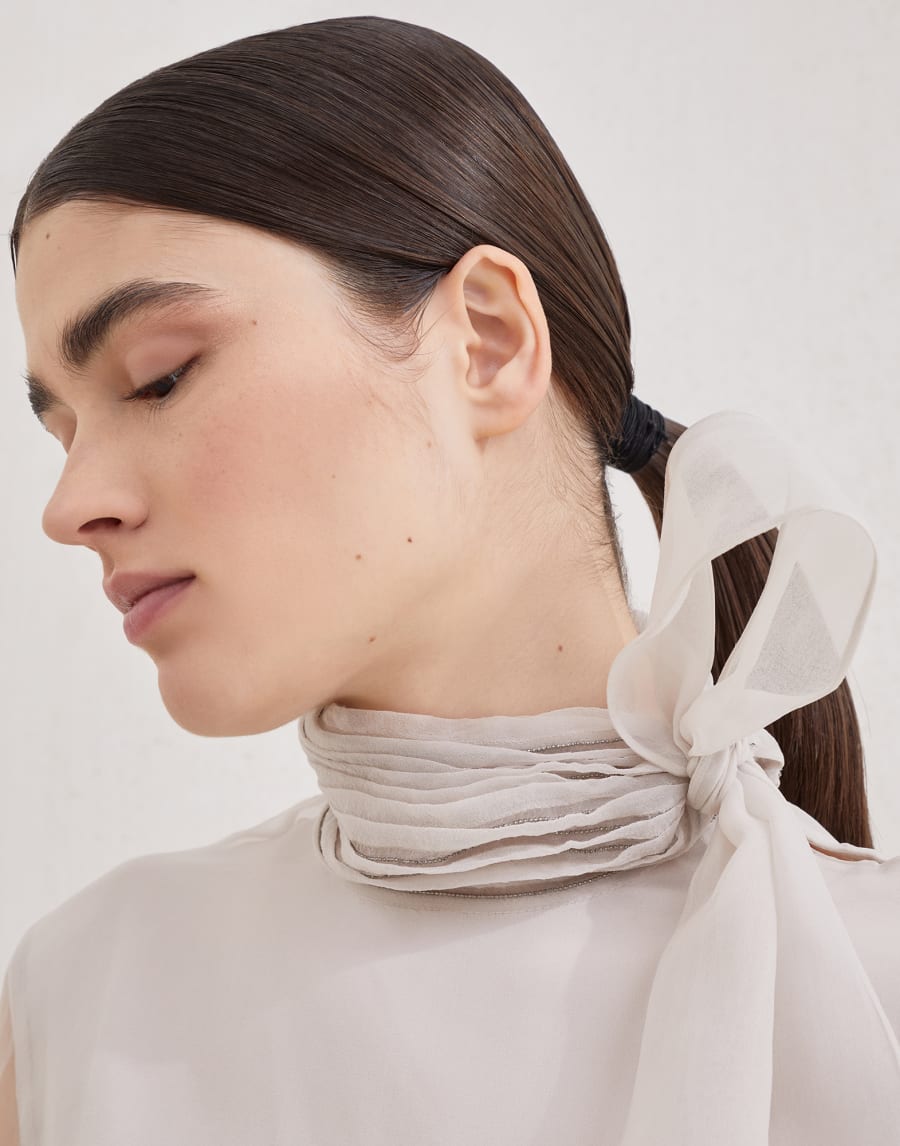 Pussybow blouse with monili Beige Silk Woman - Brunello Cucinelli