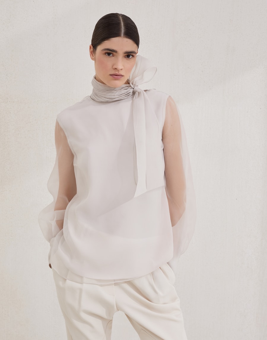 Pussybow blouse with monili Beige Silk Woman - Brunello Cucinelli