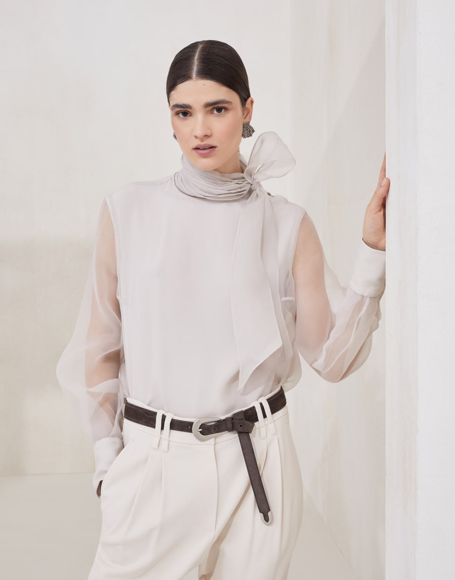 Pussybow blouse with monili Beige Silk Woman - Brunello Cucinelli