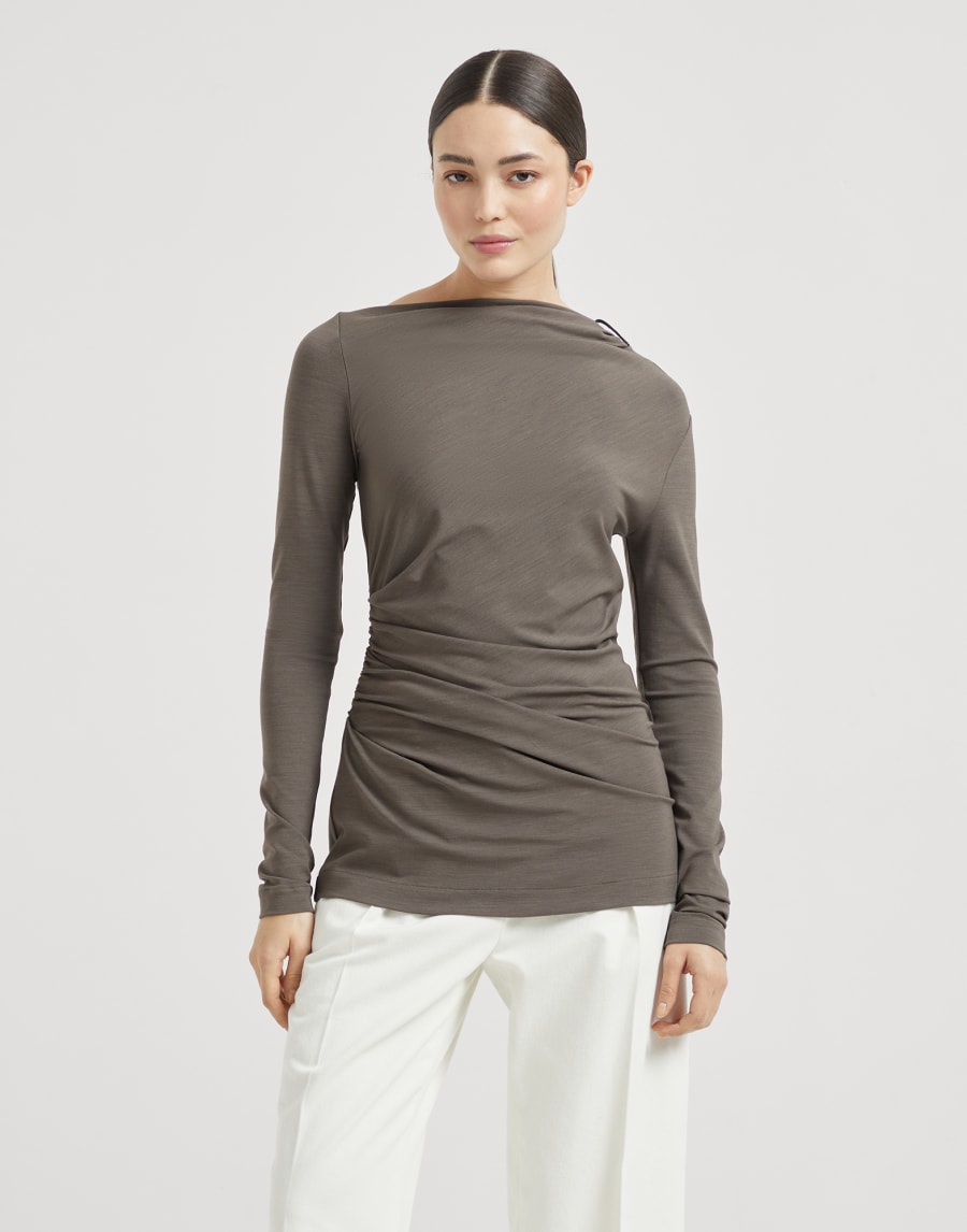 Ruched T-shirt with monili Mud Woman - Brunello Cucinelli