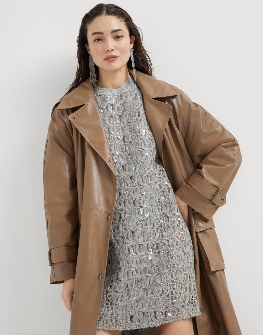Polished nappa leather trench with monili Cognac Woman - Brunello Cucinelli