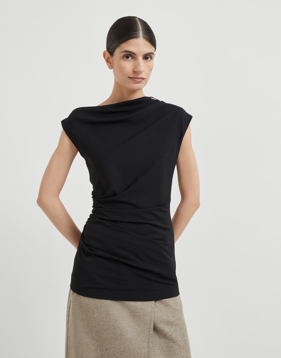 Ruched T-shirt with monili Black Woman - Brunello Cucinelli