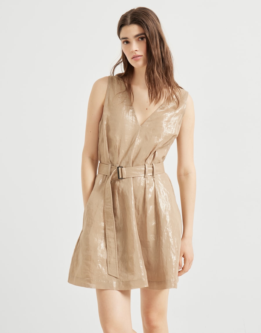 Lamé cotton gauze mini dress Camel Woman - Brunello Cucinelli