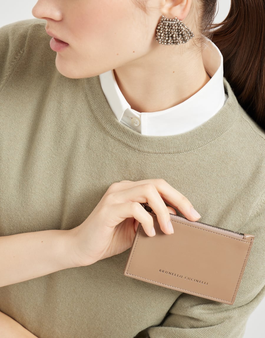 镶珠装饰小牛皮卡片夹 榛子色 女款 - Brunello Cucinelli