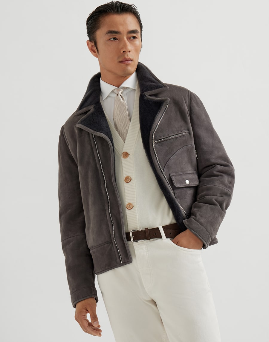 Shearling biker jacket Slate Man - Brunello Cucinelli