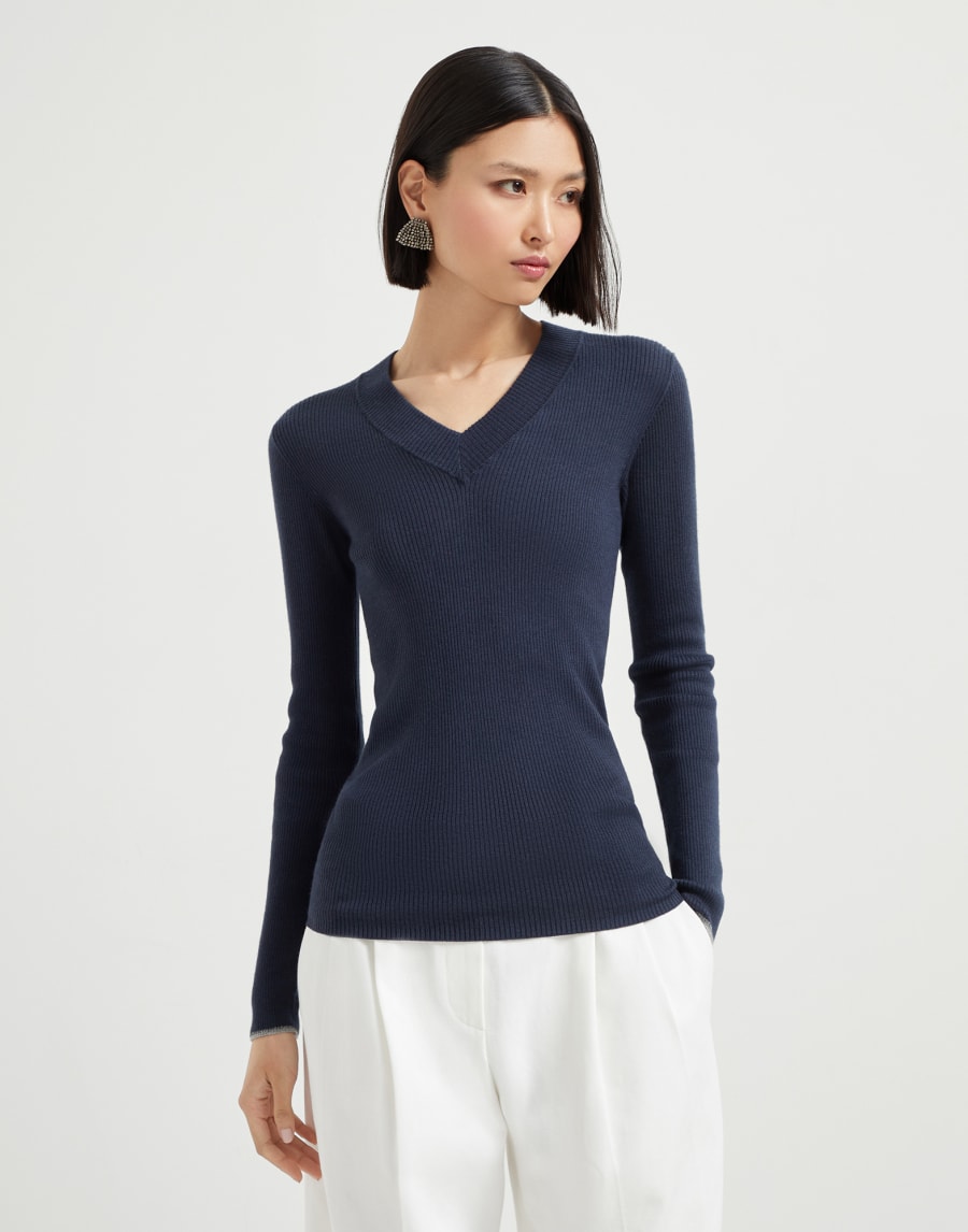 Pull léger à poignets brillants Bleu Marine Femme - Brunello Cucinelli