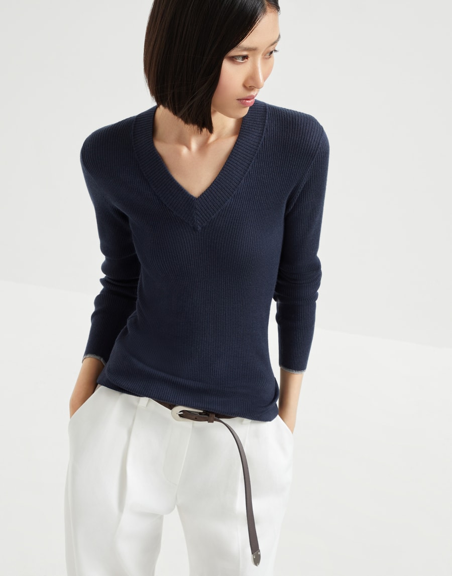Lightweight sweater with Sparkling Cuffs Navy Blue Woman - Brunello Cucinelli