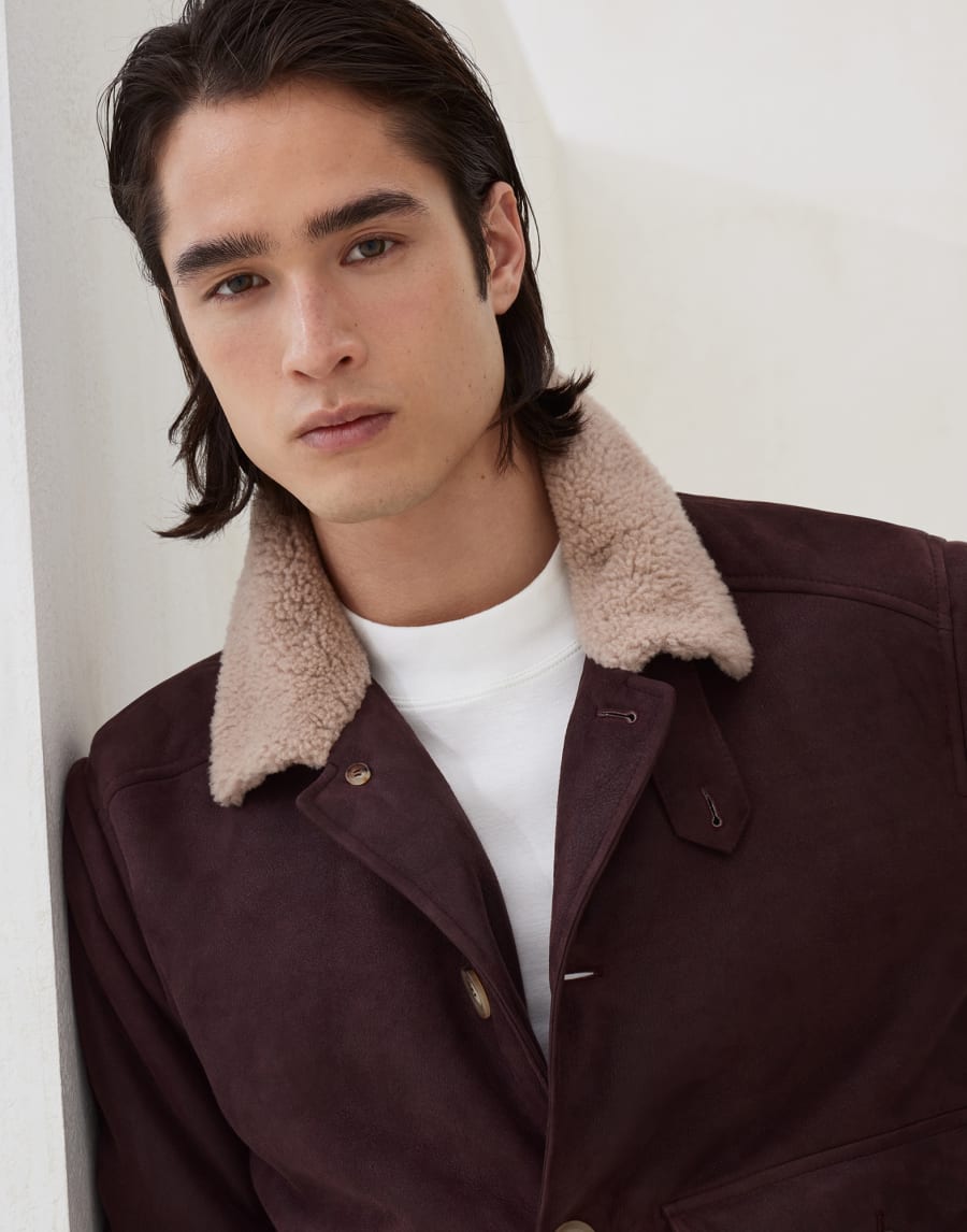 Nubuck shearling aviator jacket Purple Man - Brunello Cucinelli