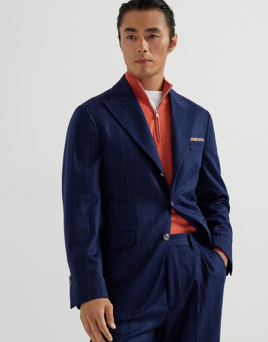 Wide chalk stripe deconstructed blazer Avio Blue Man - Brunello Cucinelli