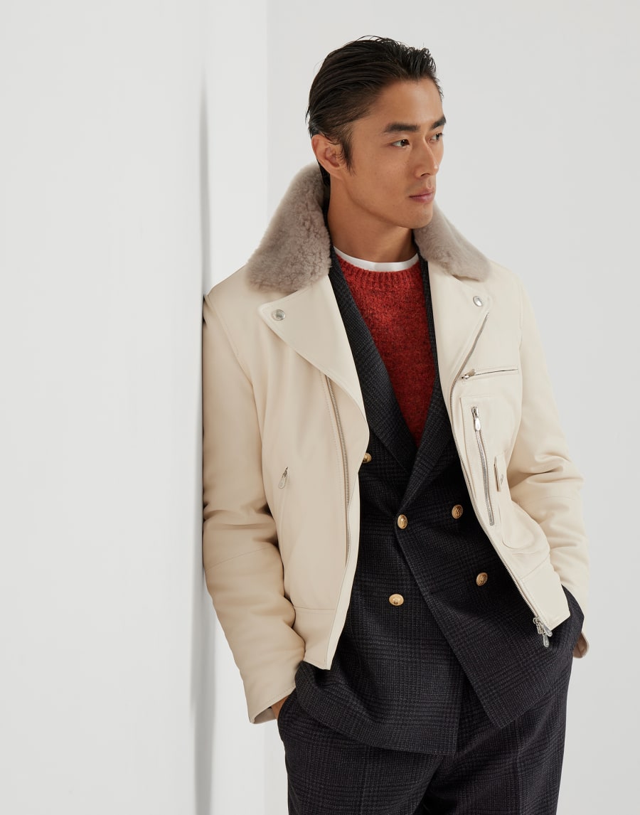 Nappa leather padded biker jacket Ivory Man - Brunello Cucinelli
