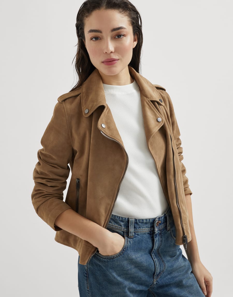 Blouson biker en daim Noisette Femme - Brunello Cucinelli
