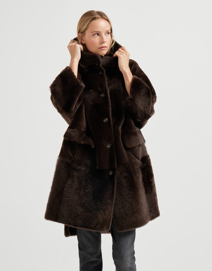 Abrigo reversible de piel de cordero Marrón Oscuro Mujer - Brunello Cucinelli