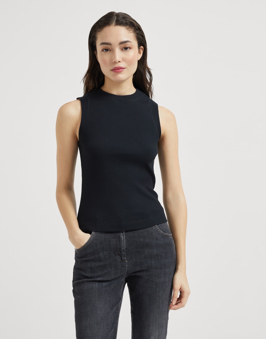 Top in jersey a costina Nero Donna - Brunello Cucinelli