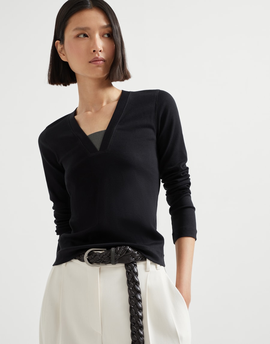 T-shirt in jersey a costina Nero Donna - Brunello Cucinelli