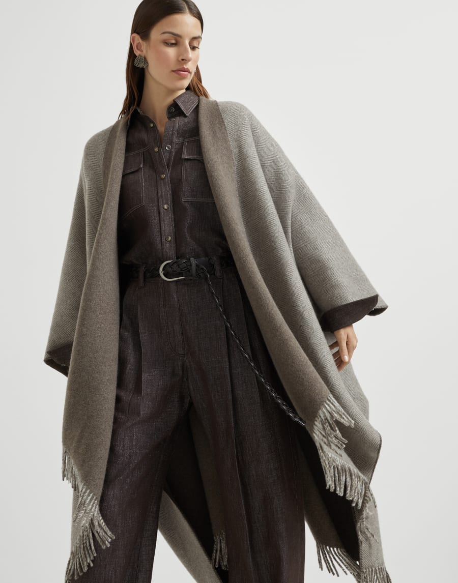 Poncho en flanelle de cachemire Marron Clair Femme - Brunello Cucinelli