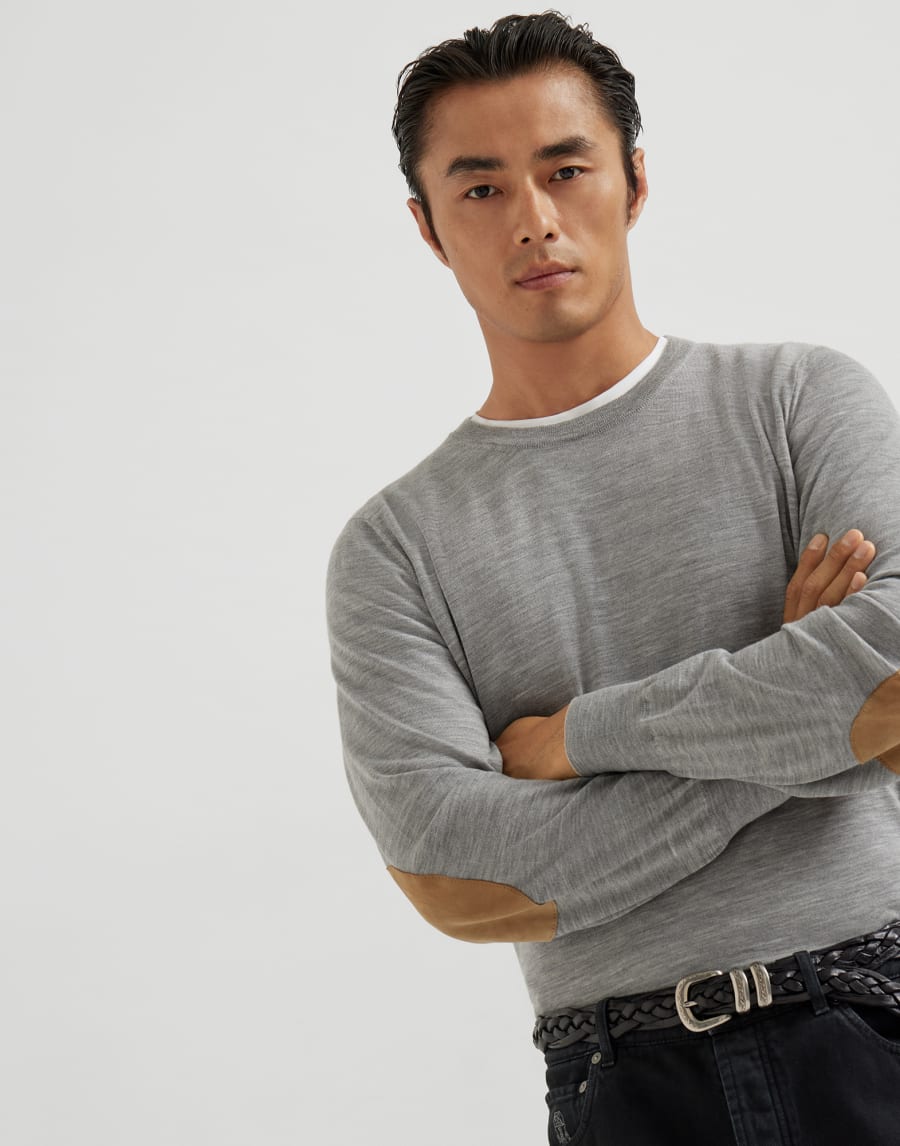 Maglia leggera con toppe Grigio Chiaro Uomo - Brunello Cucinelli