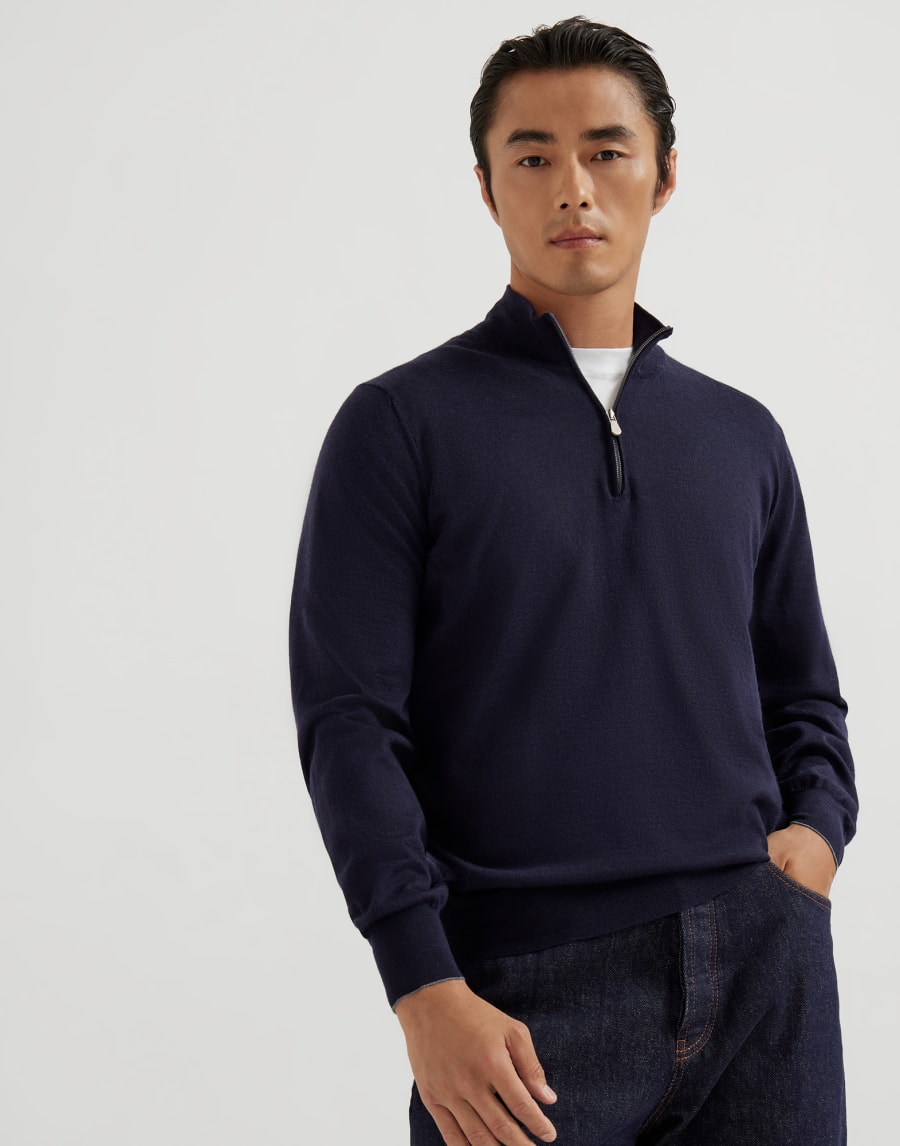 Lightweight sweater with zipper Navy Blue Man - Brunello Cucinelli